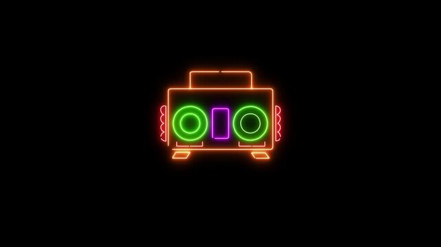 Neon glowing audio player icon . ghetto blaster in retro neon over dark background