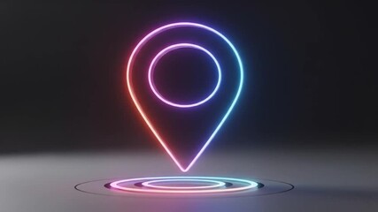 Glowing neon location pin icon with a gradient color effect on a dark background