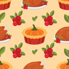 Seamless flat vector pattern featuring roasted turkey, cranberries, and pies with bright festive colors, perfect for Thanksgiving and holiday designs.