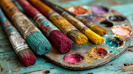 Close-Up of Paintbrushes and Color Palette on Rustic Table