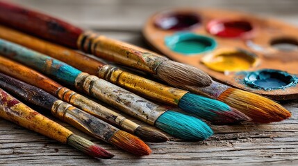 Fototapeta premium Set of Artistic Brushes with Vibrant Paint on Wooden Background