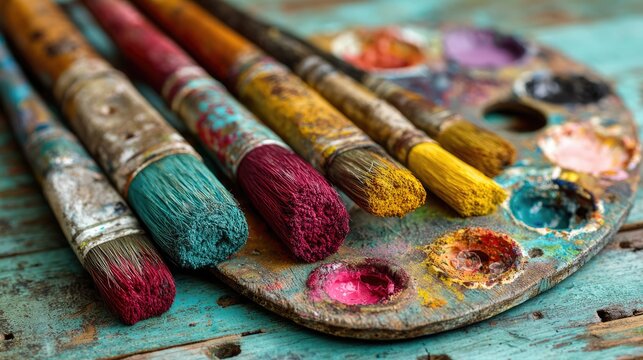 Close-Up of Paintbrushes and Color Palette on Rustic Table