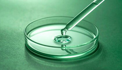 Naklejka premium Pipette with transparent chemical liquid over glass petri dish on green background, face serum