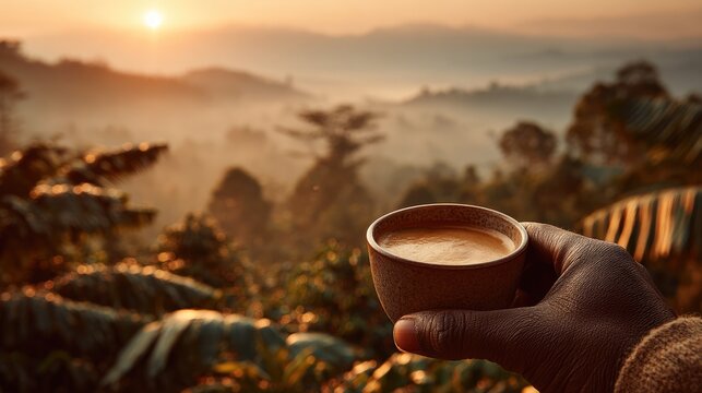 Coffee in hand with misty sunrise over mountains