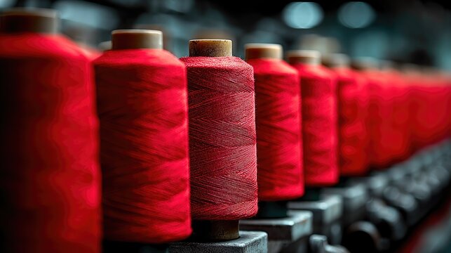 Industrial Red Thread Spools in Factory