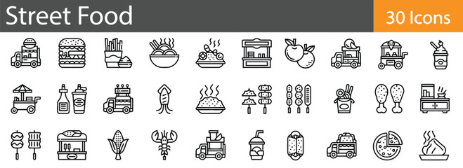 street food, food truck, vendor, cart, burger, fries, noodles, rice, squid, chicken legs, corn, lobster, pizza, drink, ice cream, hot dog, skewer, takeaway, fast food, mobile food, urban food, cuisine