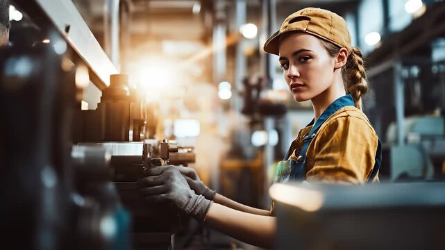 The image shows a woman working diligently on a machine in a factory, indicating her focus on the task. This woman operates the machinery with precision, reflecting her skill in th