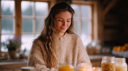 Young woman with long hair, wearing a cozy sweater, is crafting homemade Christmas candles in a rustic kitchen, surrounded by jars and warm ambient light, creating a festive atmosphere