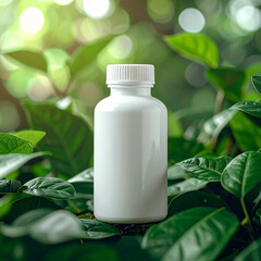 White supplement bottle surrounded by green leaves, health and medicine concept, mock-up
