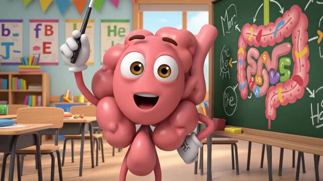 Animated intestine character explaining anatomy on a chalkboard with lettering