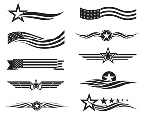 black collection of USA star flag labels isolated on white background
