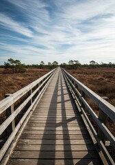 A long, empty boardwalk pathway constructed with weathered wood, extending over a marsh landscape toward the horizon during a bright day ,marsh ,vegetation ,tranquil