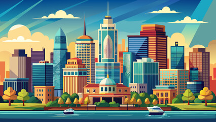 Very beautiful downtown skyline of Boston, Massachusetts, USA, featuring iconic buildings, modern skyscrapers, historic architecture, and a realistic vibrant urban cityscape under clear skies.