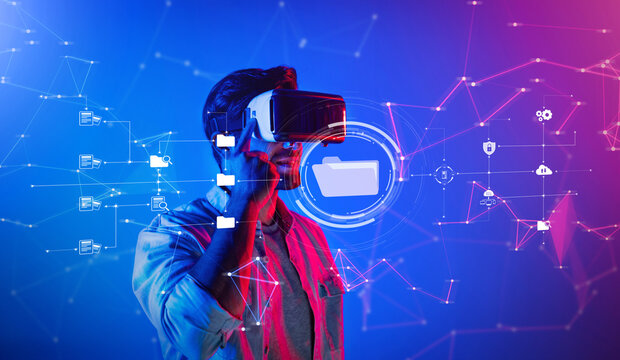 Explore a captivating virtual reality scene showcasing a user interacting with digital data management concepts against a vibrant blue and pink background. XDMCP