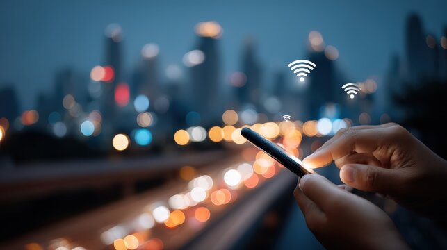 Engaging with digital connectivity during nighttime in a bustling urban landscape featuring smartphone usage and dynamic city lights illuminating the vibrant metropolis