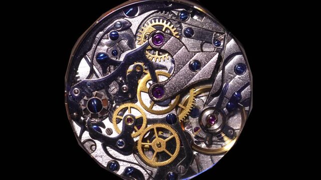 Macro video on a manual winding watch Swiss watch movement with the spring drive beating and the gears turning 