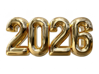 Celebratory metallic typography render of 2026 numbers in a modern showcase environment