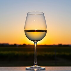 A perfect glass of golden dessert wine cooling on a terrace, reflecting the warm glow of a beautiful summer vineyard sunset ,evening light ,golden hour ,agriculture