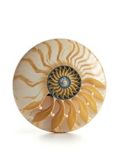 Obraz premium A perfect nautilus shell specimen resting alone on a clean white background, showcasing the beautiful golden spiral structure and complex chambers ,cephalopod ,brown ,nature