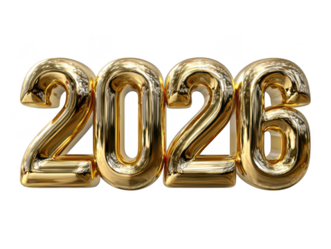 Celebratory metallic typography render of 2026 numbers in a modern showcase environment