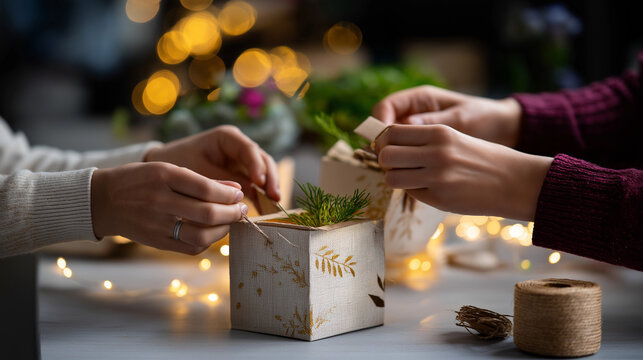 Faceless volunteers decorating small cardboard boxes with natural motifs for donation, soft blurred holiday lights, with copy space.