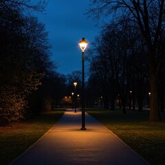 A quiet park pathway illuminated by a single glowing lamppost at twilight. The sky is dark blue, casting long shadows from nearby trees, serenity, greenery, dark