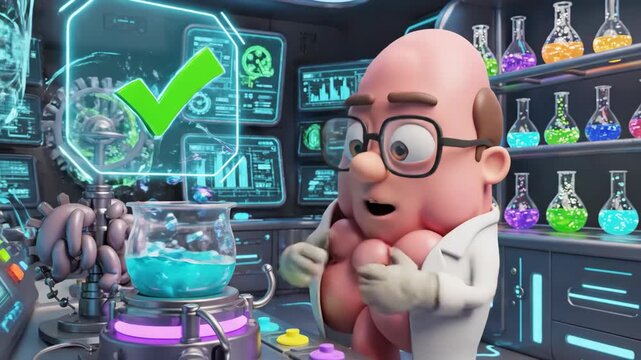 Animated scientist examining brain with laboratory equipment and colorful flasks