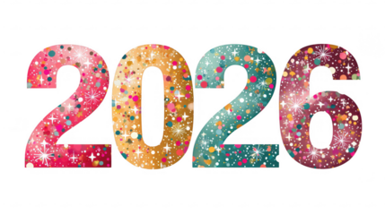 New year celebration typography 2026 colorful sparkles cheerful design festive environment exciting viewpoint