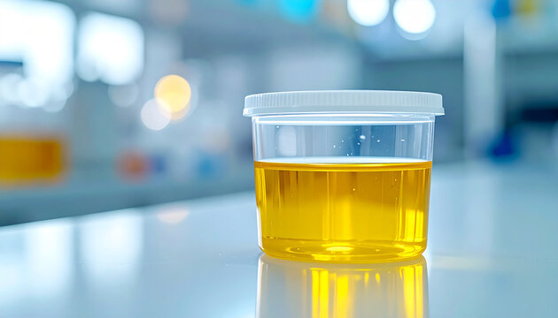 Plastic container with yellow liquid on clean white laboratory table, medical urine sample, clinical