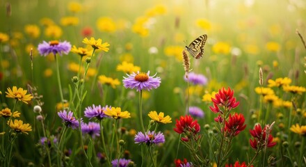A single delicate butterfly hovers over vibrant purple, yellow, and red wildflowers in a lush meadow bathed in gentle, warm sunlight ,delicate, wildlife, ecosystem