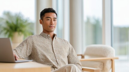 Asian man in a subtle olive polka dot shirt is seated comfortably in a modern workspace, with a laptop and large windows showcasing a bright, airy atmosphere