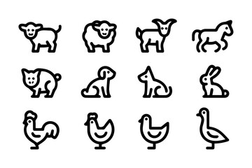 Cute Farm Animals Icon Set, Cow, Pig, Chicken, Horse, Sheep, Goat, Agricultural Vector Icons, Barnyard Clipart Collection