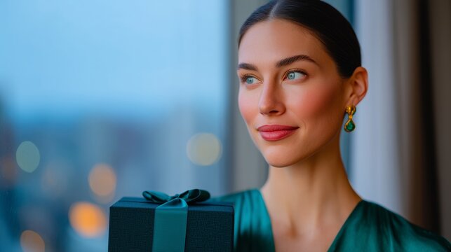 Elegant woman holding a gift box while standing by a large window at dusk, with soft ambient light creating a warm and inviting atmosphere