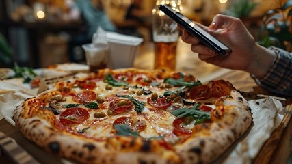 A person sits at a wooden table, holding a phone close to a freshly baked pizza topped with pepperoni, olives, and arugula. The warm ambiance of the restaurant adds to the casual dining experience