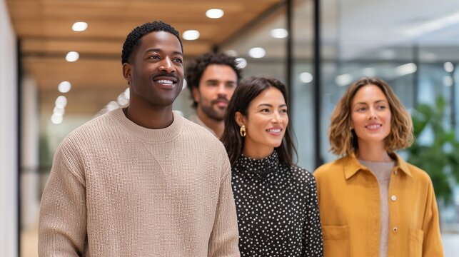 Group of multicultural colleagues dressed in earth tones, walking together in a modern office space, showcasing teamwork and collaboration in a professional environment