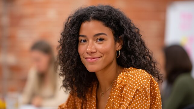 Latina woman with curly hair, wearing an orange brown polka dot blouse, smiles warmly in a collaborative workspace, showcasing a vibrant and engaging atmosphere of teamwork