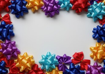 A vibrant collection of colorful satin bows scattered across a plain surface, suggesting a celebratory occasion or holiday wrapping, fun, present, fabric