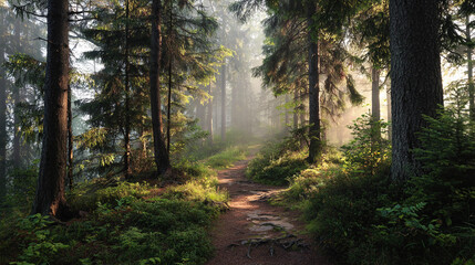 Fototapeta premium Misty forest path winding through tall trees in morning light