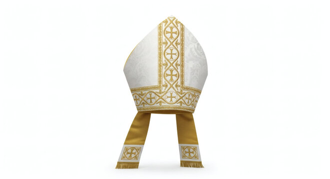 A mitre with gold embroidery on a white background in a studio shot