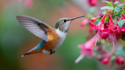 Fototapeta premium Hummingbird feeding on vibrant flowers in a spring garden