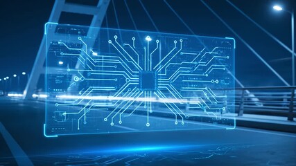 Futuristic AI circuit board hologram glowing blue over a modern smart city bridge at night representing advanced technology data processing - Powered by Adobe