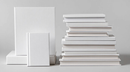 Obraz premium Empty white books arranged in a stylish stack on a gray background