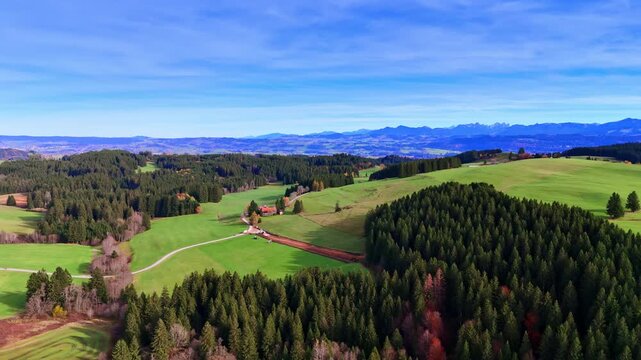 Flight above the evergreen pine tree forests growing in the meadows. Approaching the road crossing the landscape and a house located in the scenery. Weitnau, Bavaria, Germany.