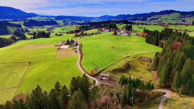 Residential area in the picturesque countryside. Livestock grazing in the meadow. Drone flight over Weitnau, Bavaria, Germany.