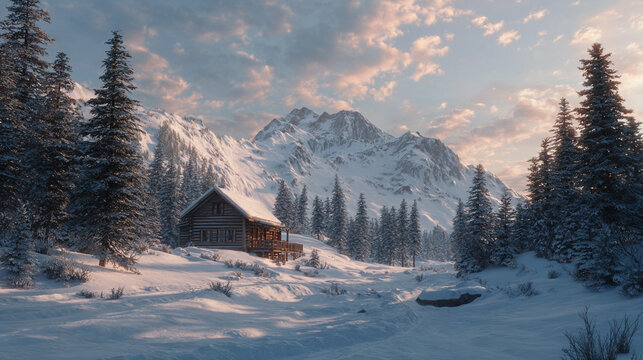 Winter landscape with a cabin and snow-covered mountains in sunset