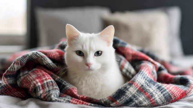 White cat relaxing in cozy blanket on a soft bed