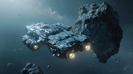 Spaceship navigating through an asteroid field in deep space