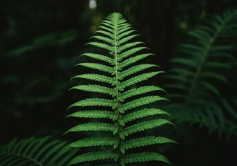 Beautiful lush green detail of a single large vibrant fern frond growing wild in a humid forest environment, showcasing natural patterns, structure, frond, botany