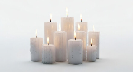 Arrangement of several white lit candles on a white background plain