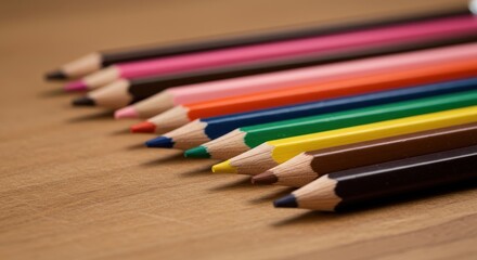 Fototapeta premium Blurred colorful wooden pencils lying on a surface creating a subtle artistic background texture ideal for educational or creative projects, pink, texture, defocused